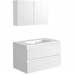 ALLIBERT Meuble De Salle De Bain PESARO Blanc Alpin 80 Cm + Plan Vasque SLIDE + Armoire De Toilette 2 Portes Miroir - Blanc Alpin