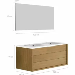ALLIBERT Meuble De Salle De Bain SORENTO Couleur Chêne Clair 120 Cm + Plan Double Vasque STYLE + Miroir DEKO 120x60cm - Chêne Kendal Huilé -ALLIBERT Soldes Magasin 18165195 3