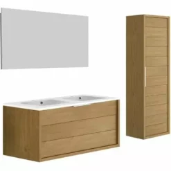 ALLIBERT Meuble De Salle De Bain SORENTO Couleur Chêne Clair 120cm + Plan Double Vasque STYLE + Miroir Et Colonne - Chêne Kendal Huilé