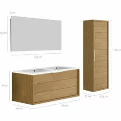 ALLIBERT Meuble De Salle De Bain SORENTO Couleur Chêne Clair 120cm + Plan Double Vasque STYLE + Miroir Et Colonne - Chêne Kendal Huilé -ALLIBERT Soldes Magasin 18165197 3