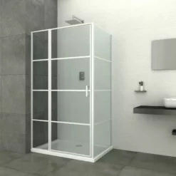 ALLIBERT Paroi Walk In Close LOFT-GAME à  Carreaux -anti Calcaire - Fermeture Magnétique -noir - 117-119 X 87-89 X 200cm