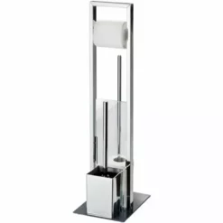 ALLIBERT Valet WC VERRY Avec Dérouleur Papier WC, Réserve Papier Et Brosse WC Chromé - Base En Verre Trempé - Chromé